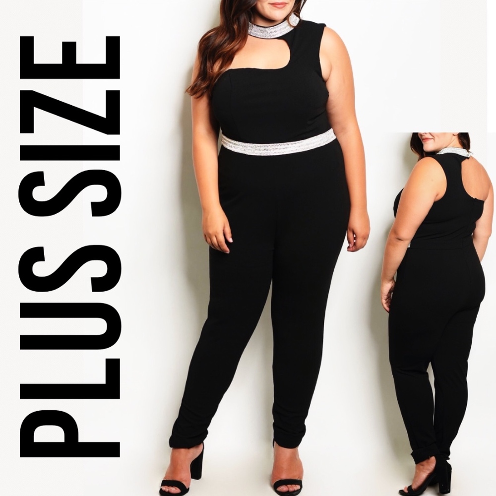 1X Plus Size Embellished Bling Jewel Bodycon Jumpsuit Romper